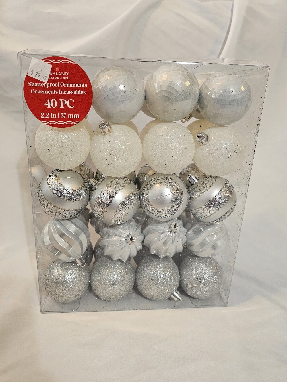 ASHLAND 40-Pack White and Silver Shatterproof Holiday Ornaments